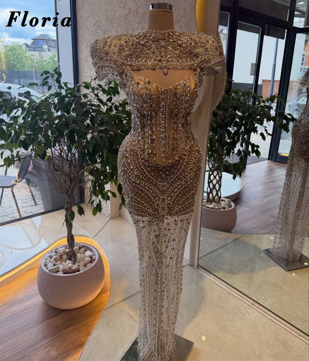 Shiny Silver Beaded Pearls Evening Dresses Sexy Illusion Formal Occasion Dress Customized Cocktail Party Gowns Vestidos De Cócte