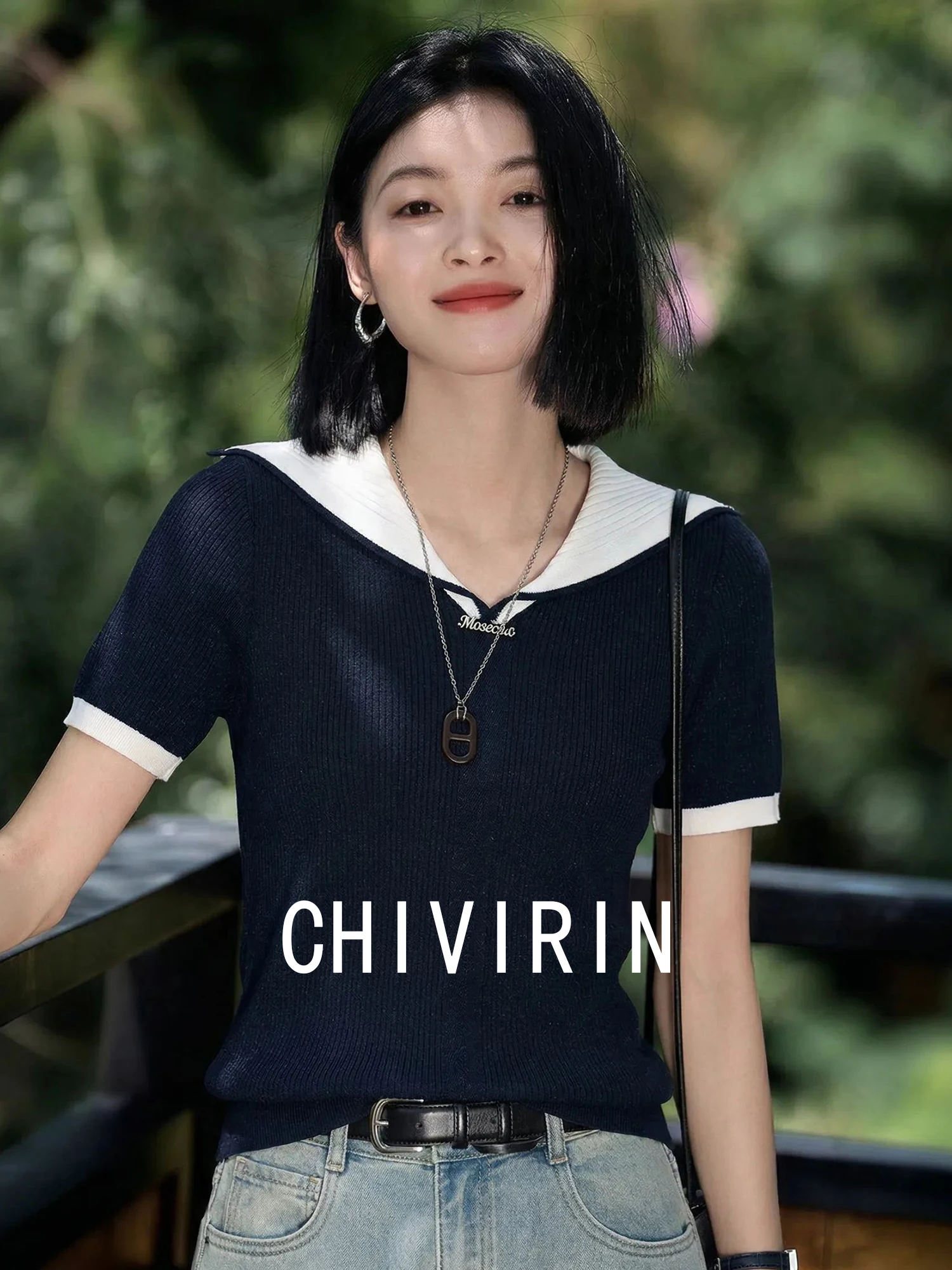 

Chivirin Navy Collar Short Sleeve Knitted T-Shirt Women's Fashion College Style Color Block Slim Fit Summer Versatile Top