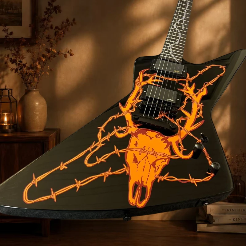 Black 6 String V Shape E Electric Guitar Elk Skull Barbed Wire Graphic HH Pickups Metal Rock for Stage Performance Free Delivery