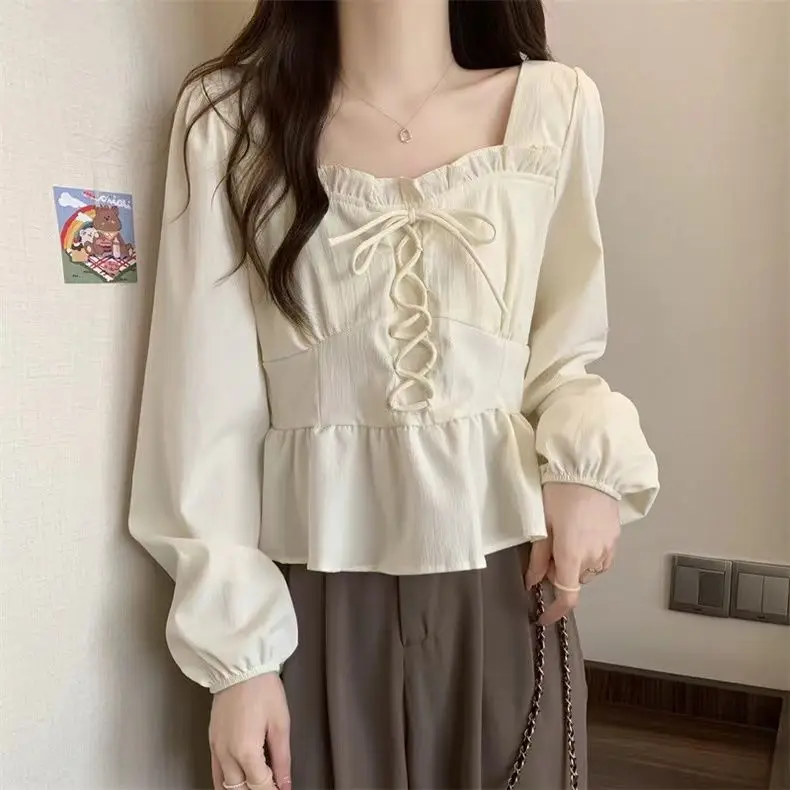 Bow Tie Tied White Shirt with Black Fungus Edge for Women Short Style with Bubble Sleeves Small Shirt Square Neck Top