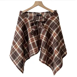 Retro Plaid Irregular Women Skirt Bow-Knot Elastic Waist Lattice Mini A-Line  Apron Wrap Skirt Matching Pants Belted Overlay