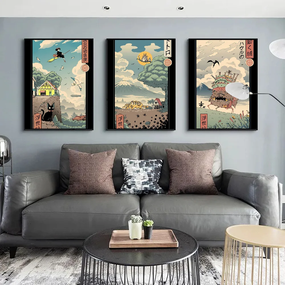 Studio Ghibli Ukiyo-e Poster artistico autoadesivo Adesivo di carta impermeabile Coffee House Bar
