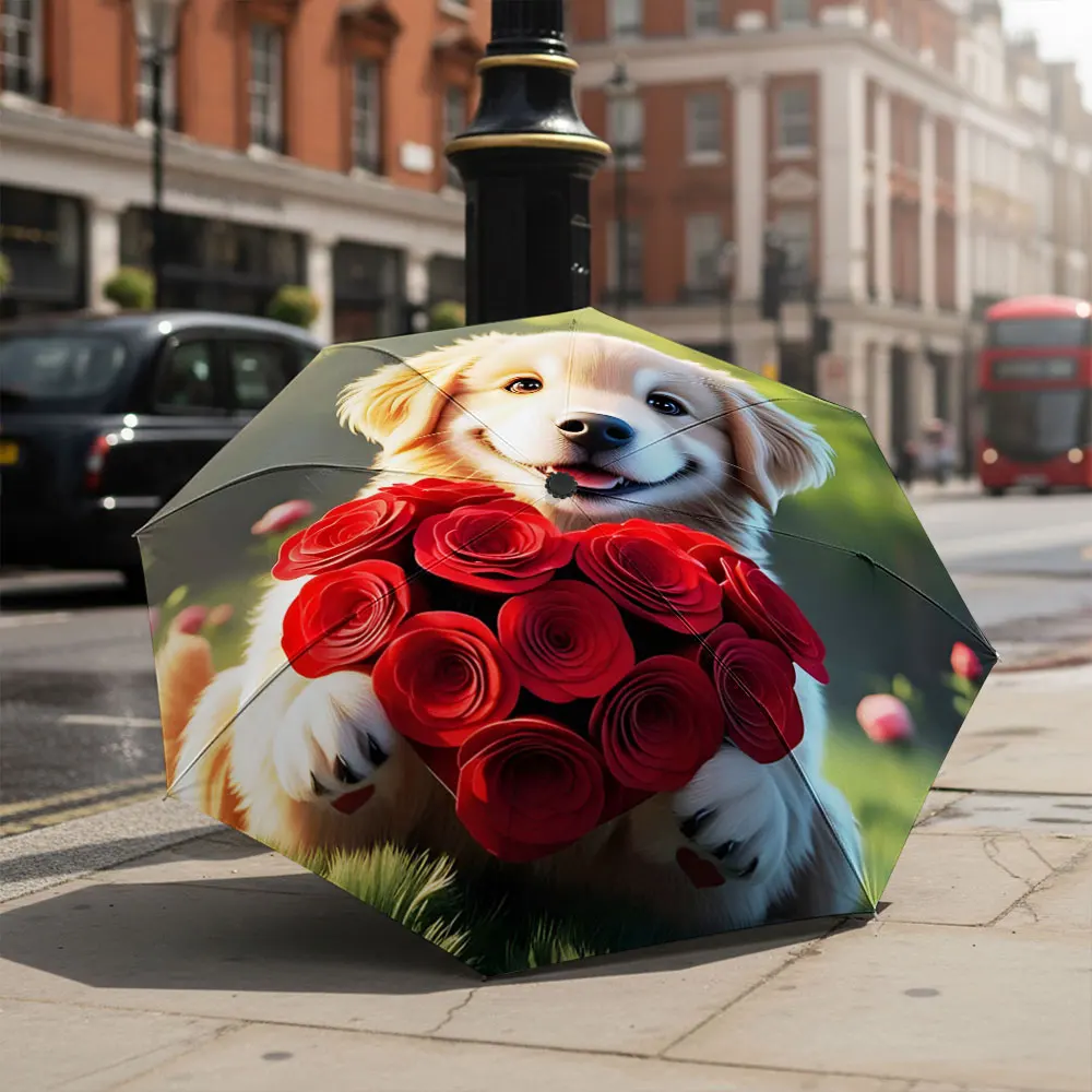 1P C Playful Dog Holding Roses on Umbrella Design Print 8 Iron Ribs Folding Umbrella Auto-Open Fashion Sunshade