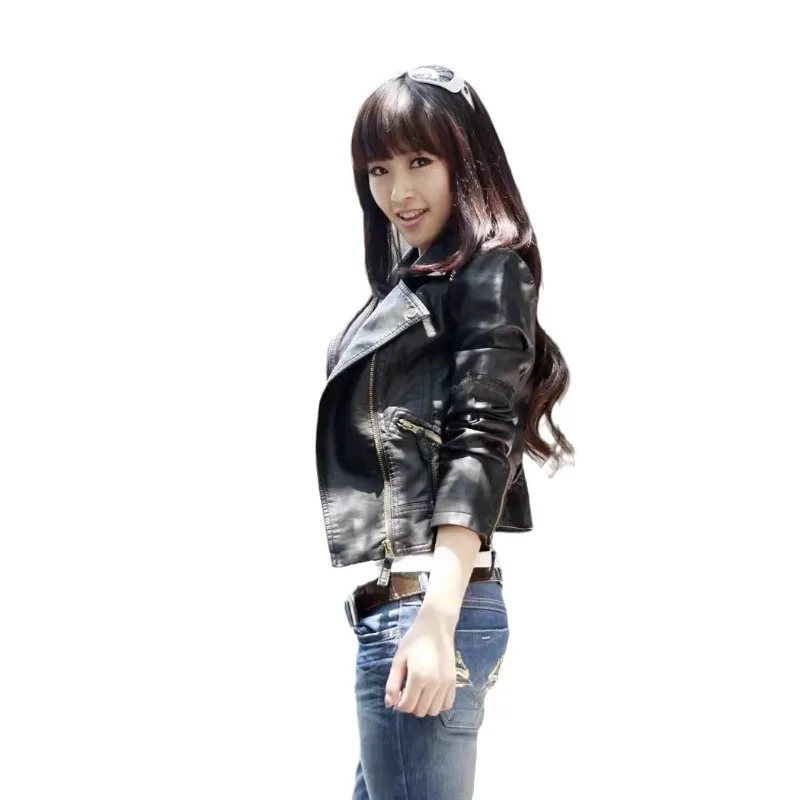 신상 자켓 봄 가을 여성용 PU 가죽 자켓 짧은 패션 슬림 블랙 PU 소형 코트 커프스 지퍼 디자인 여성 코트 S-3XL