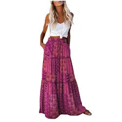 Ladies’ Fashion Bohemian Flower Printing Elastic Waist Pleated Skirt Loose Casual Vintage High Waist Tie A-Line Long Skirt