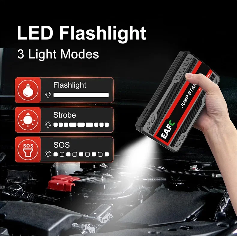 EAFC 600A Spitzenstrom 12V Auto-Starthilfegerät, tragbares Auto-Batterie-Starthilfegerät mit LED-Notlicht und USB-Powerbank für 3,0-Liter-Benzinfahrzeuge, Motorräder, SUVs, Pickups. – Detail 7
