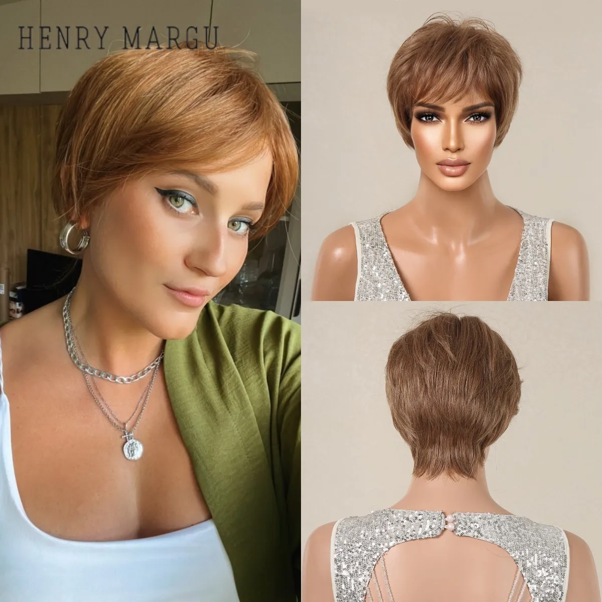 HENRY MARGU Brown Short Straight Synthetic Natural Wigs for Women with Bangs Daily Cosplay Party Heat Resistant Fiber Wigs