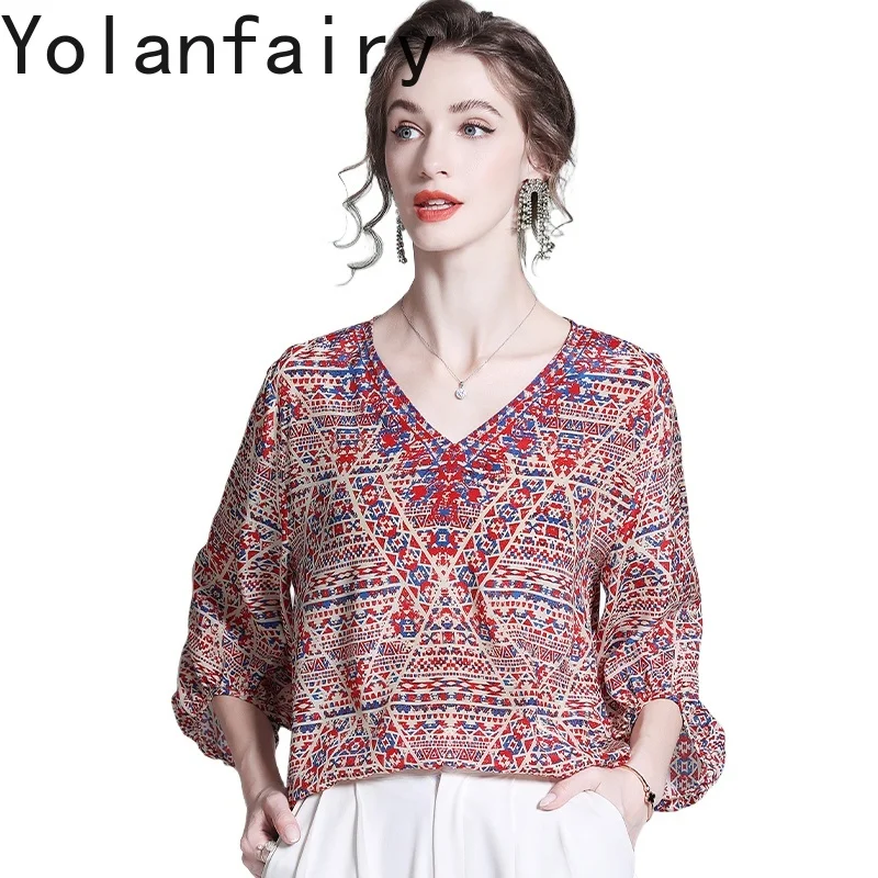 

YOLANFAIRY футболка из 100% натурального шелка тутового шелка для женщин, высококачественные свободные женские блузки с принтом, элегантные повседневные женские топы, блузка