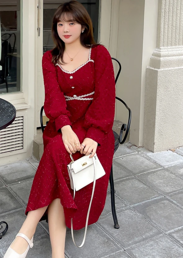 대형 XL-5XL 여성 프랑스어 v 넥 하이 웨스트 모조 진주 버튼 a 라인 블랙 드레스 긴 소매 봄 가을 레드 드레스