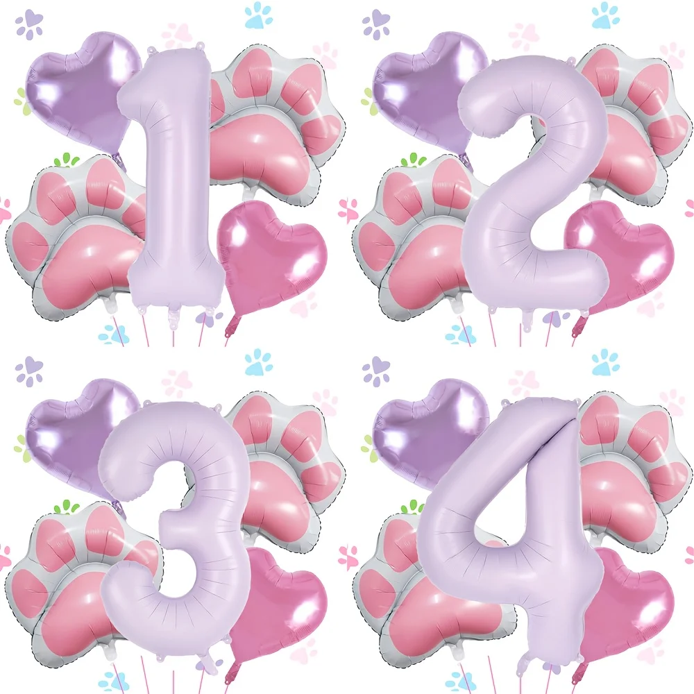 5pcs Animal Let's Pawty Dog Cat Paw Aluminum Balloon 40 inch Purple Number Birthday Party Decoration Balloon Baby Shower