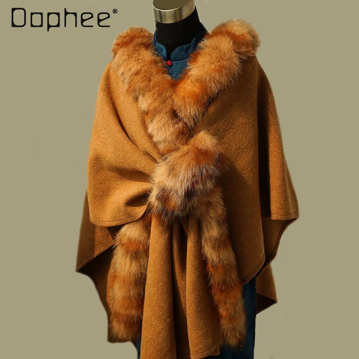 

European American Street Fashion Fox Fur Cape Coat Autumn Winter High-end Elegant Socialite Loose Fur Collar Shawl Fur Wool Coat