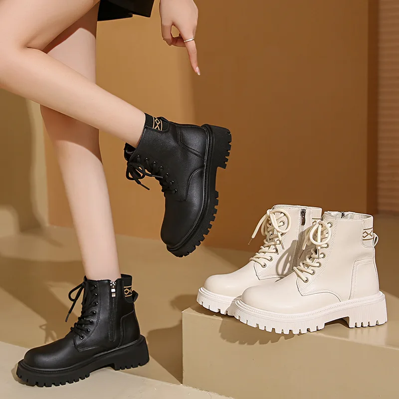 2024 Hot Sale Shoes Female Lace Up Women's Boots Autumn Round Toe Solid Short Barrel Platform Fashion Korean Style Naked Boots