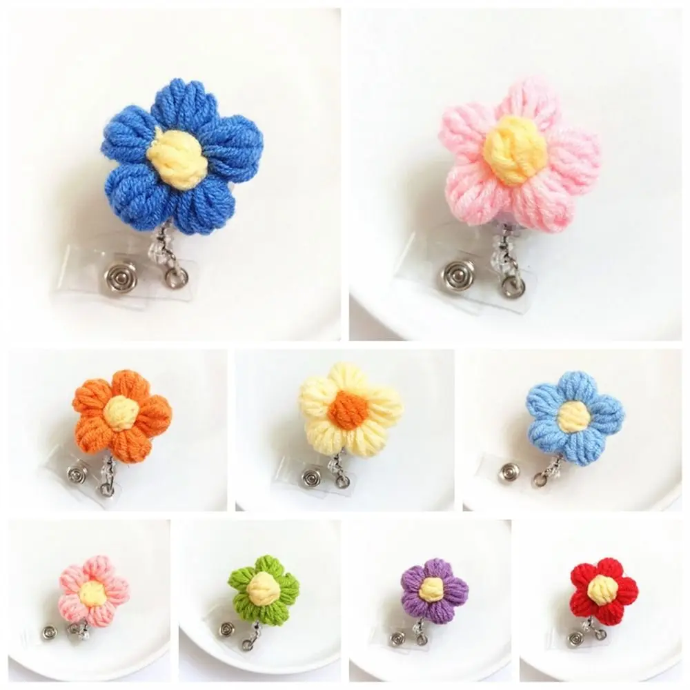 

ID Card Badge Holder Wool Nurse Badge Reel Knit Flora Name Tag Flower Badge Holder Work Card 3D Easy Pull Buckle Doctor Students