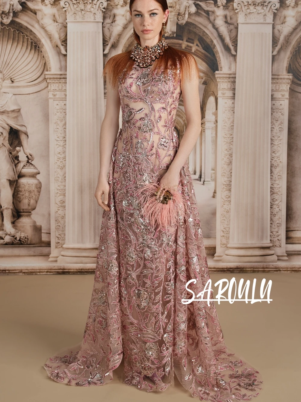 Sparkly Pink Floral Sequins Embroidered Evening Dress Chic High Neck Detachable Train Customized Prom Gown Luxury Gala Wear
