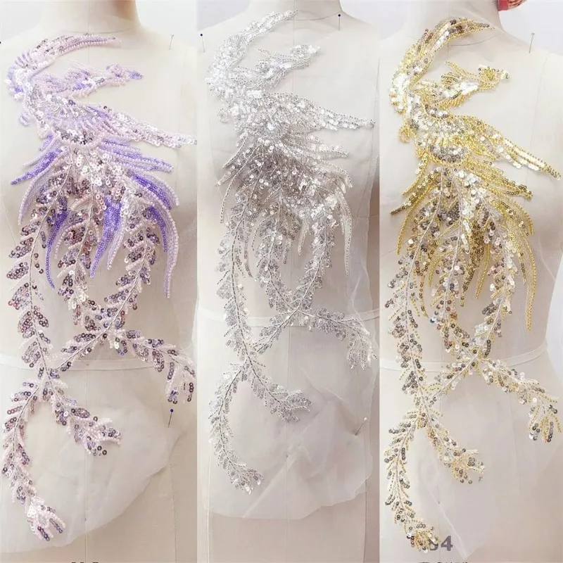 4 Color Super Sparkle Sequin Heavy Beaded Phoenix Applique Chinese Hanfu Embroidery Patch DIY Craft Material