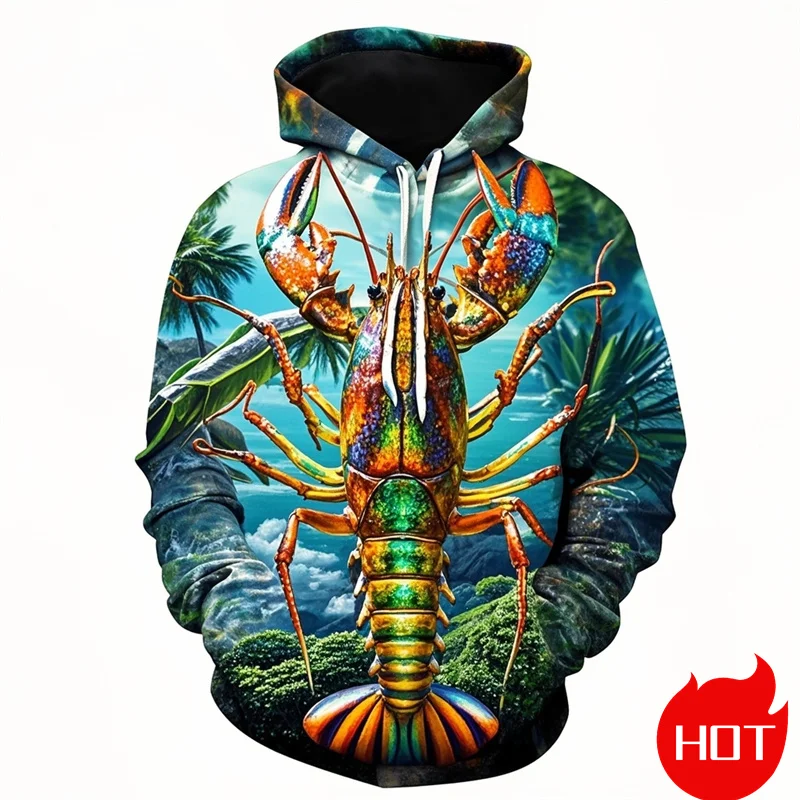 Autumn New 3D Printed Cute Animal Shrimp Hoodies Seafood Lobster Graphic Hooded Sweatshirts Kid Funny Pullover Mens Clothing Top