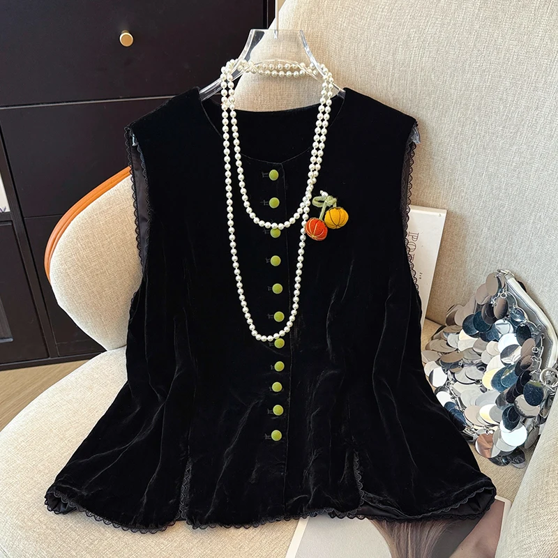 New Chinese Style Velvet Vest Women's Sleeveless Lace Trim Top Autumn 2026 Retro Fashion Outerwear Polyester Fiber Thin Model