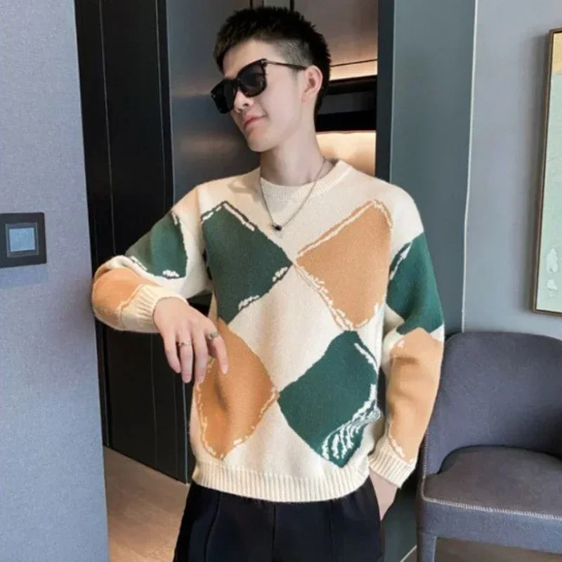 Knitted Sweaters for Men Crewneck Pullovers Man Clothes Plaid Argyle Round Collar Black Overfit X Neck High Quality Replica Mode