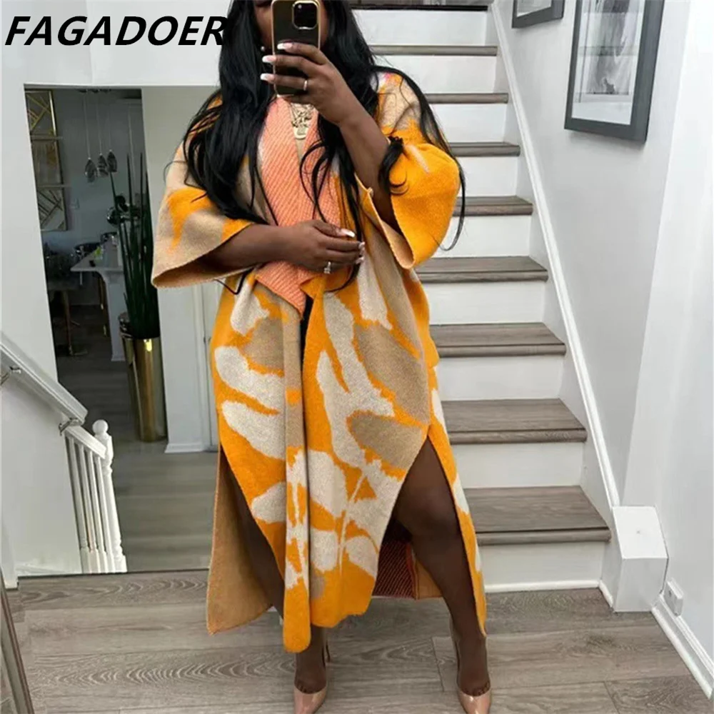 FAGADOER Autumn Casual Print Knitting Long Coats Women Short Sleeve Loose Slit Cardigan Fashion Female Matching Streetwear Tops