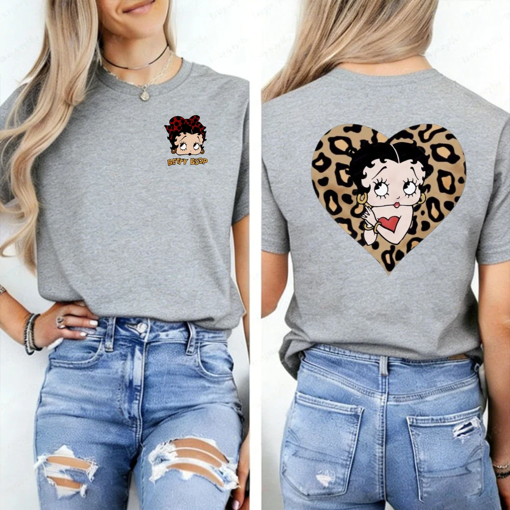 Betty Boop Leopard Heart Print Women's T-Shirt Casual Short Sleeve Crewneck Retro Cartoon Graphic Tee Cotton Tops for Daily Wear