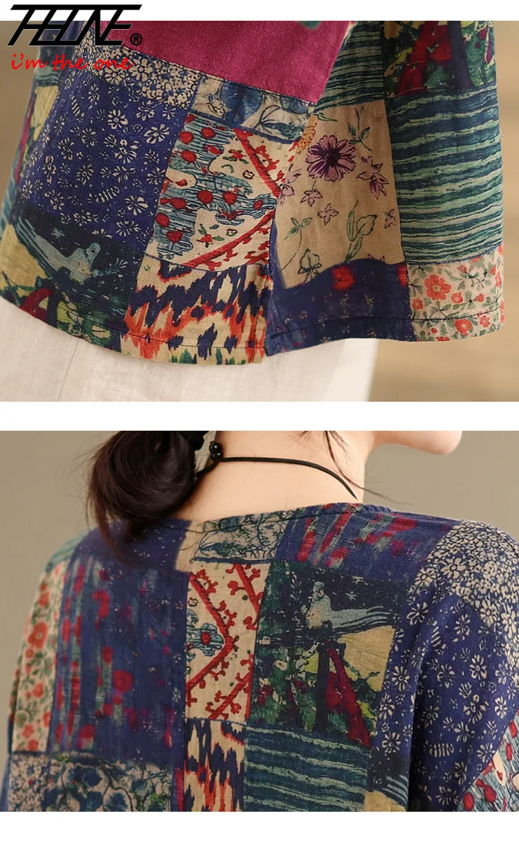 THHONE Plus Size Fashion Summer Woman Blouse Cotton Linen Casual Loose Print Patchwork O-Neck Vintage Indie Folk Oversized Top view 5