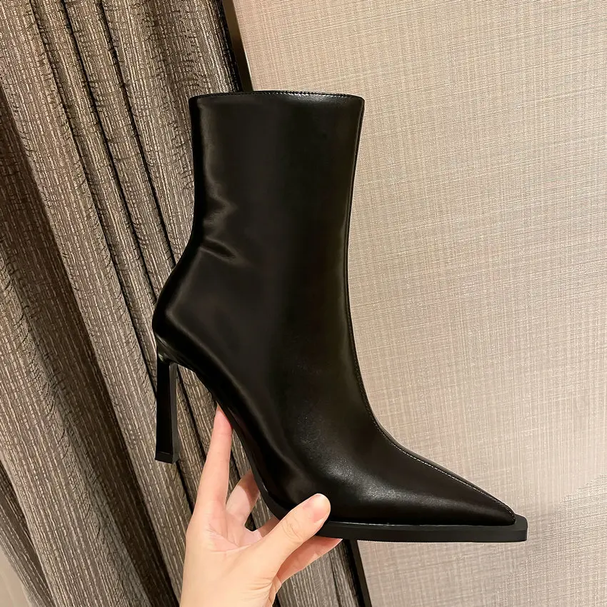 QUTAA 2027 Thin High Heels Women Ankle Boots Autumn Winter Genuine Leather Pointed Toe Shoes Woman Zipper Office Lady Size 34-39