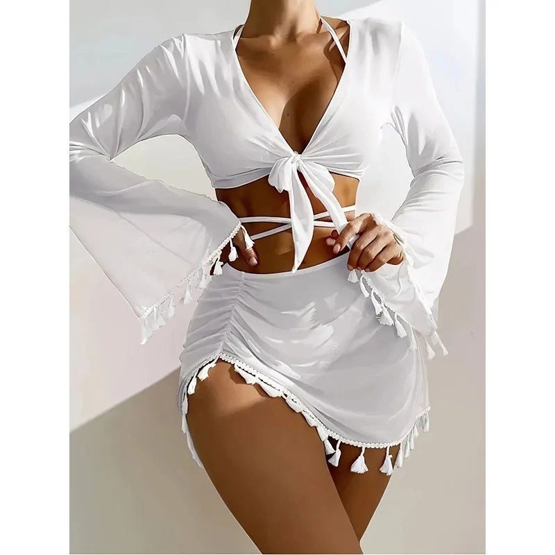 

New solid color swimsuit with mesh cover-up, three-piece sexy bikini beach dress swimwear