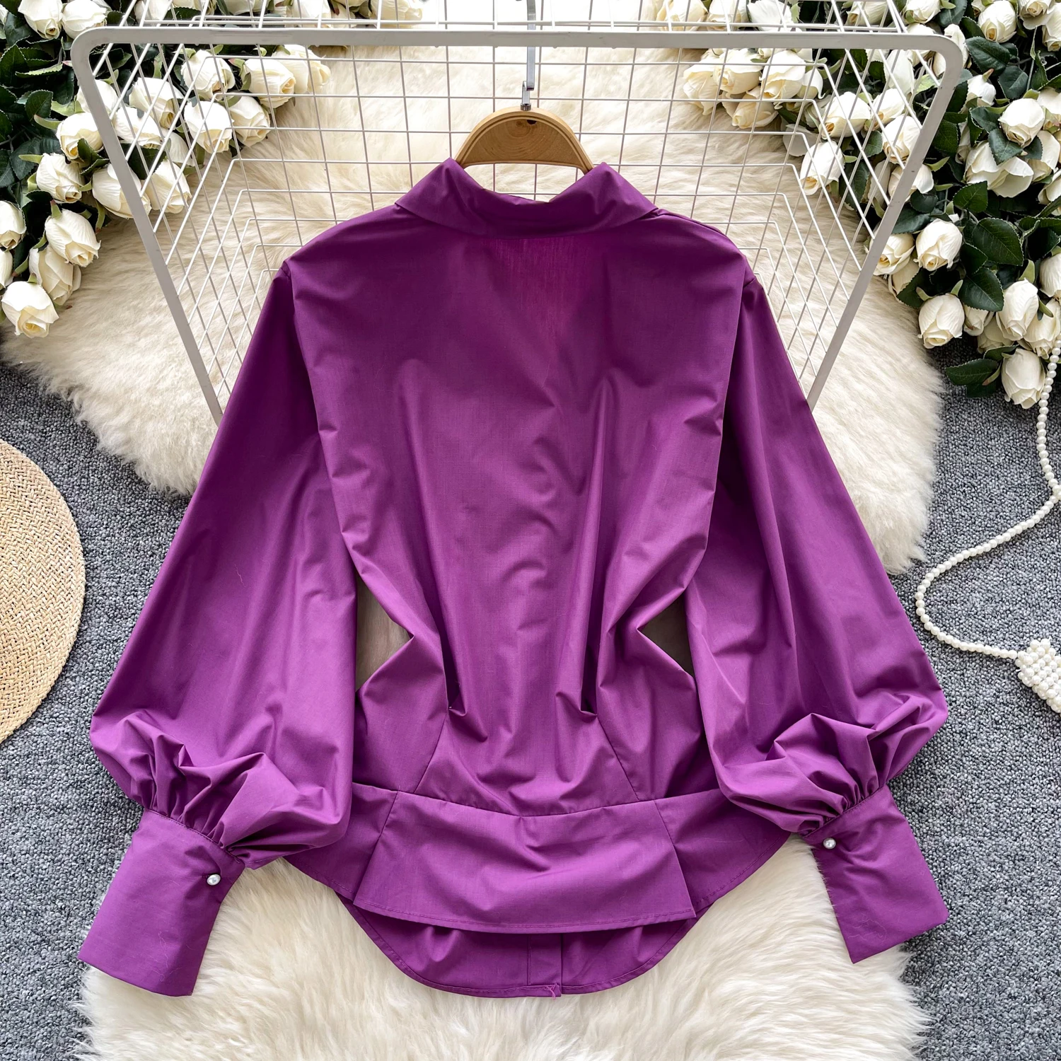 Chic Turn-down Collar Vintage Long Lantern Sleeve Elegant Pleated Slim Buttons Top French Streetwear High Street Autumn Blouse