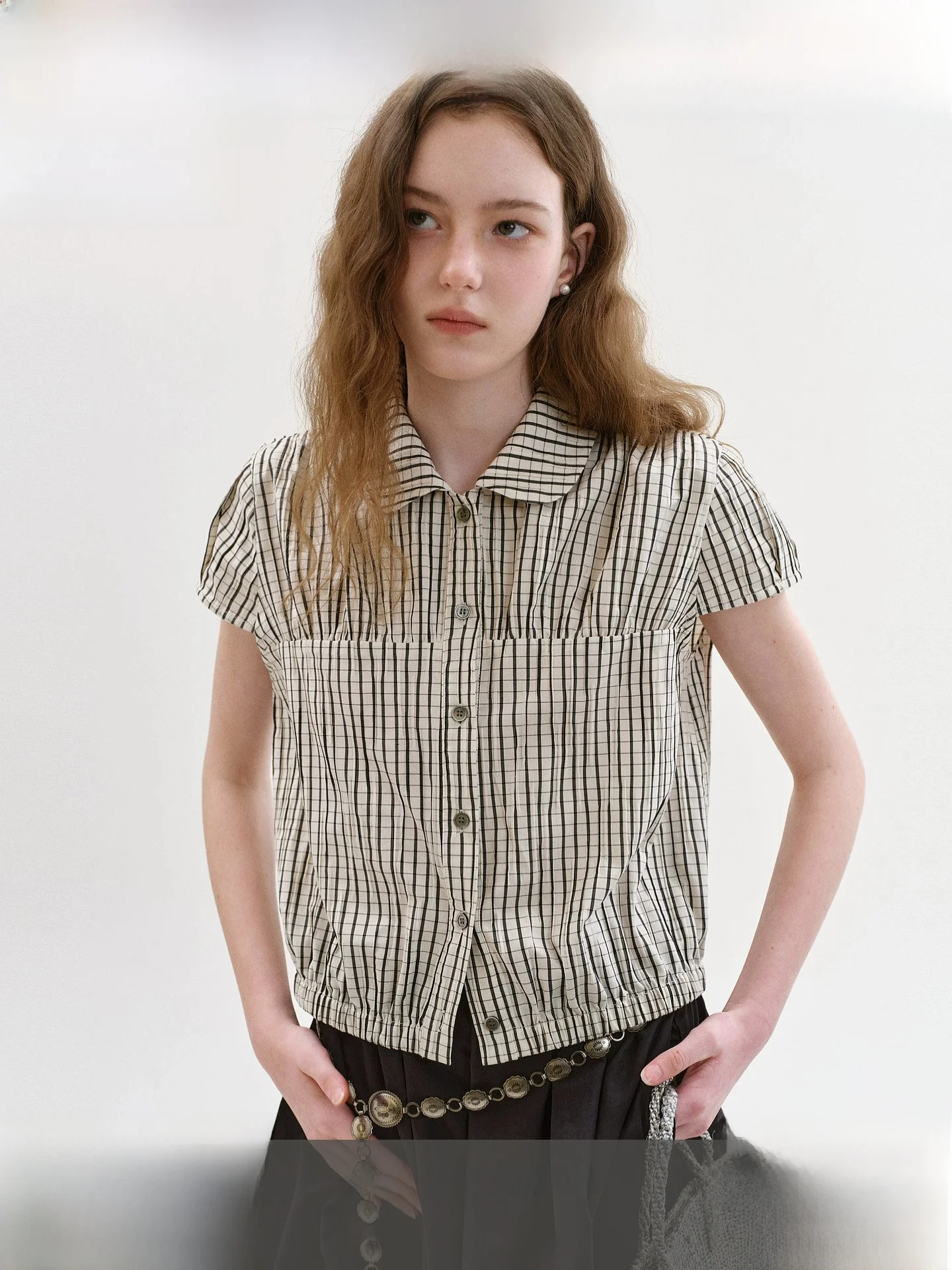 

Fano Anti-Aging Doll Collar Plaid Shirt Women's Summer New Drawstring Waist Short Top Cotton Polyester Spandex Blend Breathable