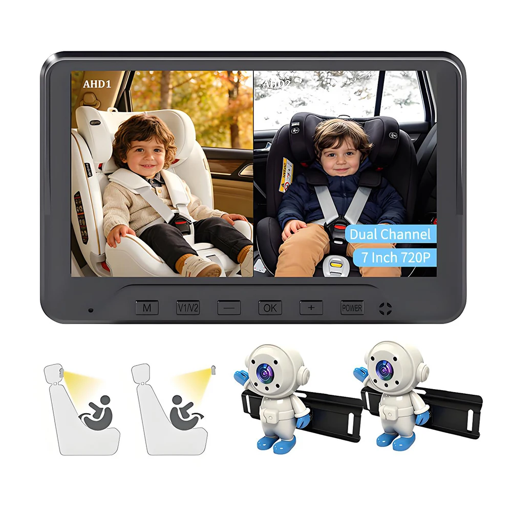 

Baby Car Monitor 7 Inch AHD Night Vision Dual Camera, Cartoon In-Car Back Seat Baby Safety Car Camera for Kids Pets Baby Mirrors