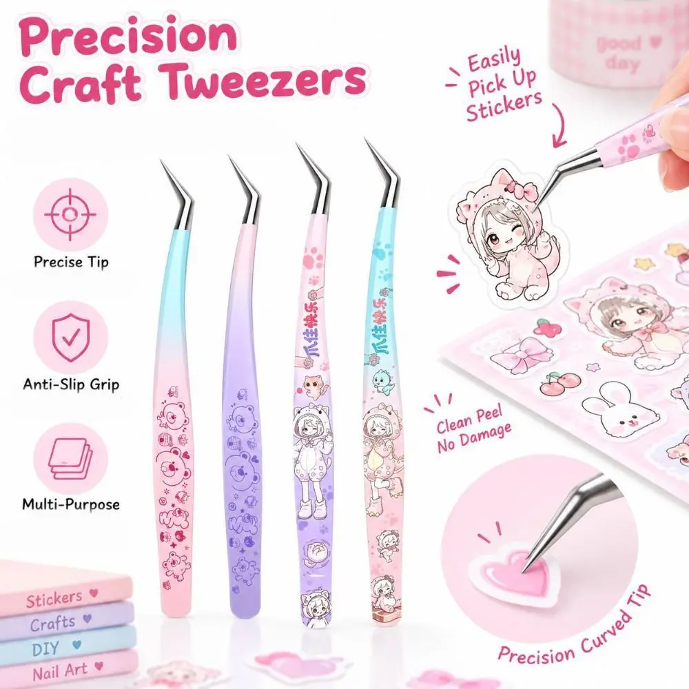 Stainless Steel Precision Tweezers High Precision Anti-static Craft Tweezers Non Slip Grip Cartoon Eyelash Curler