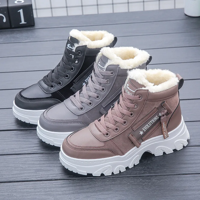 

Winter New British Style Warm Women's Boots Plus Velvet Thickened High-top Cotton Boots Versatile Thick-soled Female Ankle Boots
