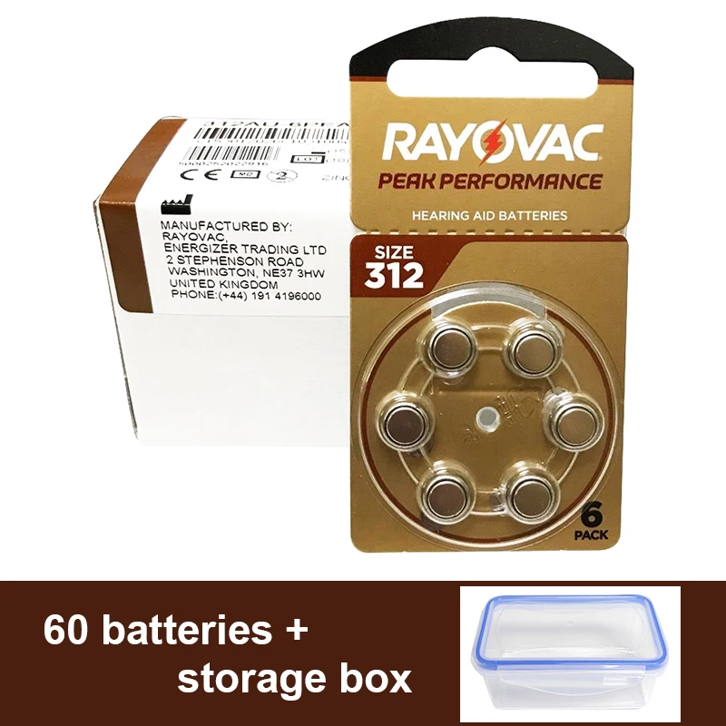 60pcs Rayovac Peak Hearing Aid Batteries 312 A312 P312 PR41 UK 1.45v Zinc Air Battery for ITC HSE Hearing Aids Sound Amplifiers