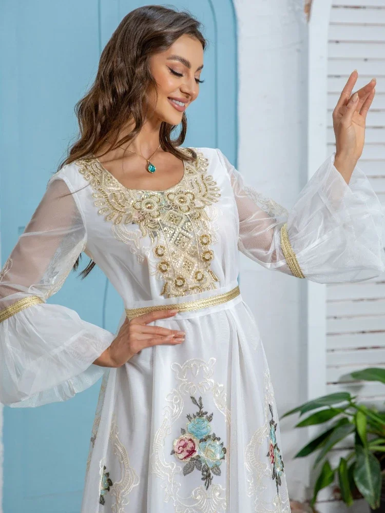 Eid Muslim Party Dress for Women Embroidery Flare Sleeve Abaya Sequins Lace-up Night Dresses Morocco Caftan Vestidos Largos 2024