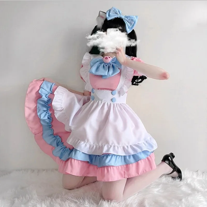 Sweet Pink Maid Dress Kawaii Bowknot Apron Uniform Japanese Cafe Maid Role Play Outfit Anime Cat Girl Cosplay Lolita Costume