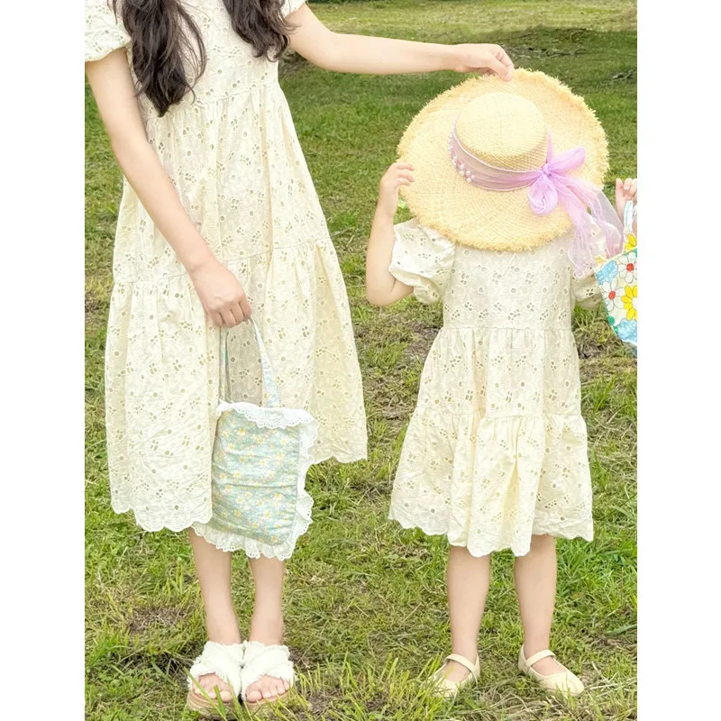 Matching Mother Daughter Dress 2024 Summer Mom and Baby Girl Shor Sleeeve Dresses for Women Clothing Korean Children\'s Frocks