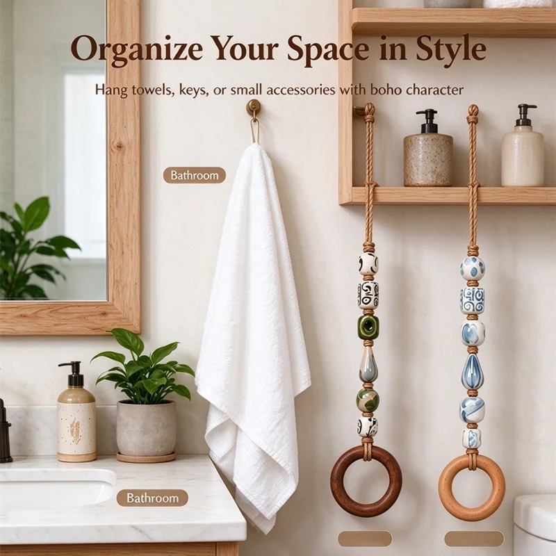 Boho Beaded Towel Hanger Handmade Ceramic Beads Wooden Ring Towel Holder Decorative Wall Hanging Towel Rack For Bathroom Kitchen