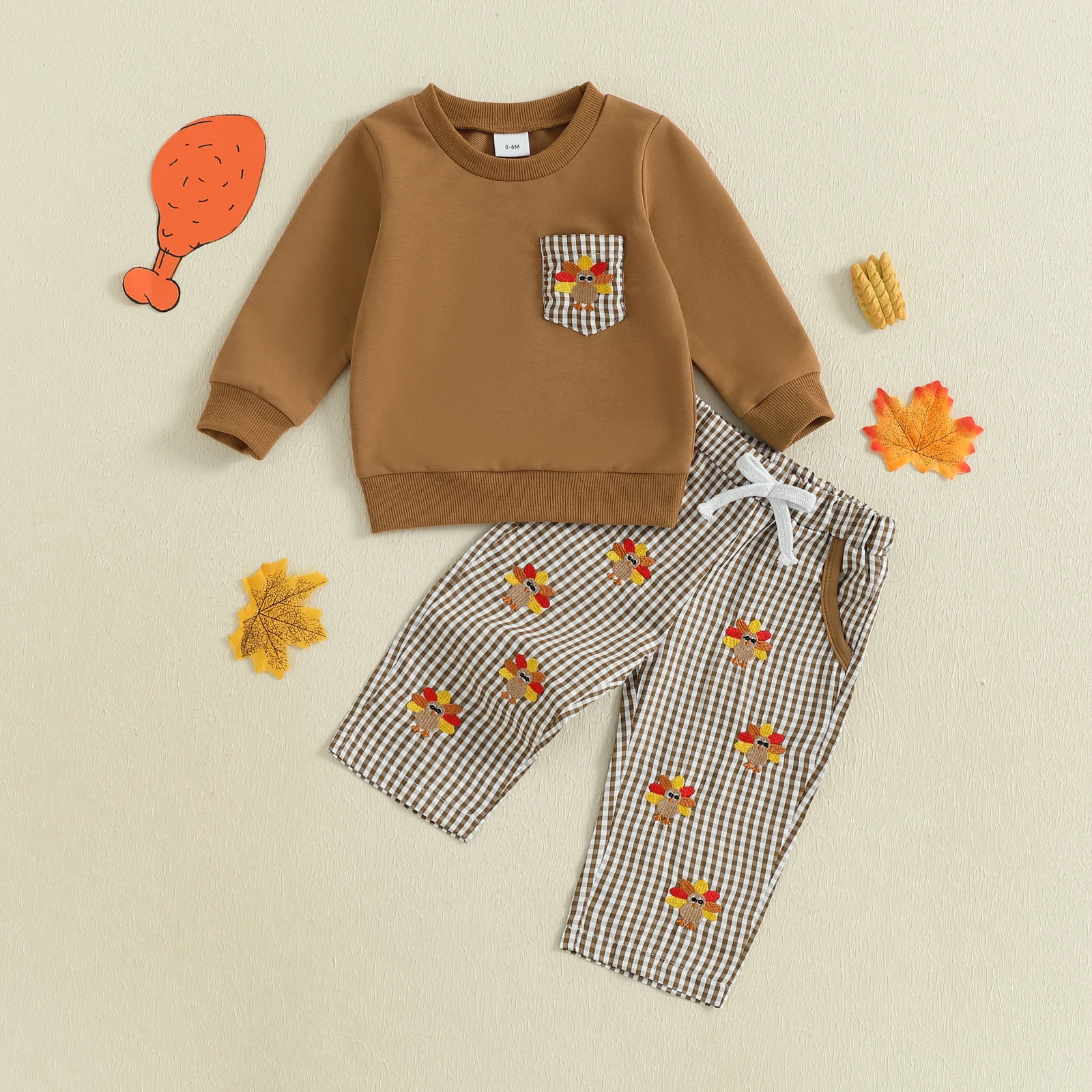 

Baby Boys Pants Set Long Sleeve Sweatshirt with Turkey Plaid Print Pants Thanksgiving Clothes for 0-3 Years