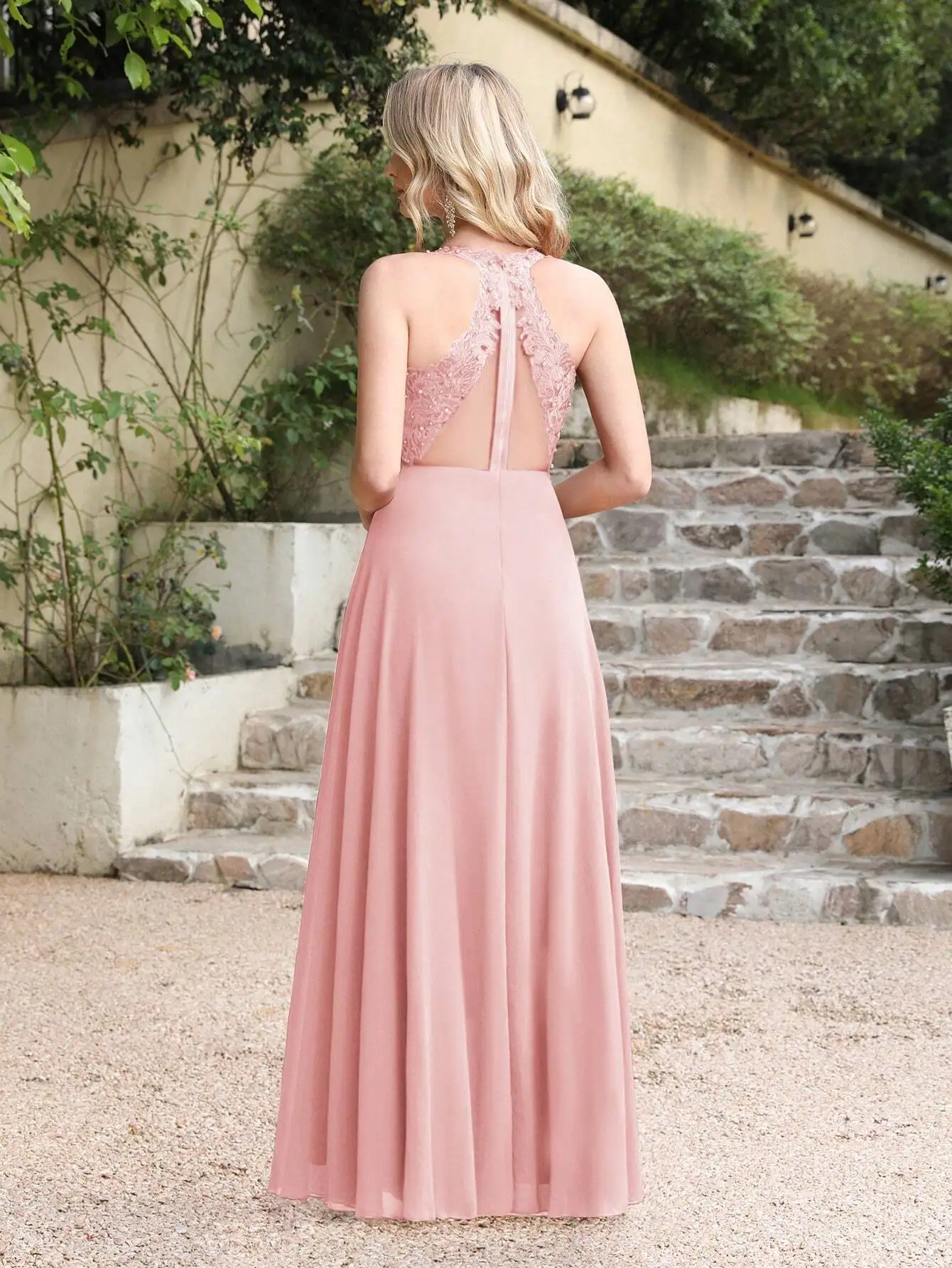 FATAPAESE Customized Evening Dresses Beaded Lace V Neck Sleeveless Gowns Chiffon A Line Empire Floor Length Bridesmaid Dress