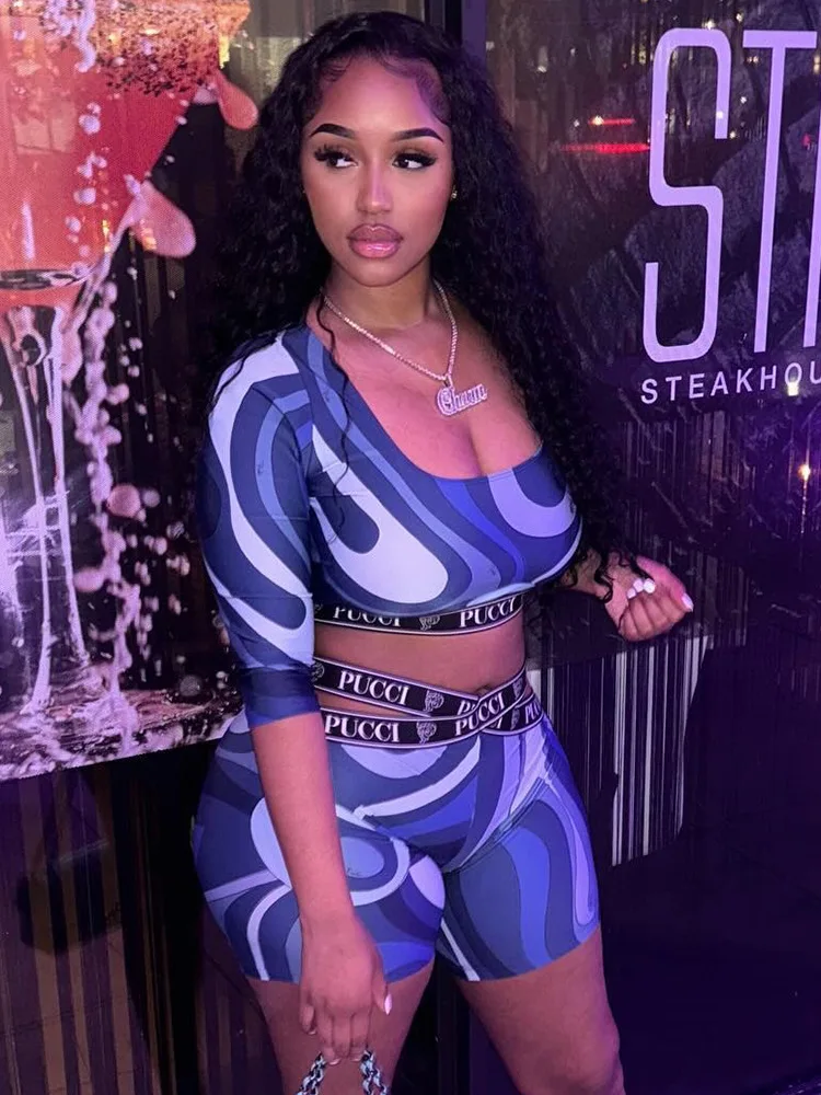 

STYLISH LADY Contrast Color Letter Printed 2 Piece Set Women Long Sleeve Crop Top and Shorts Suits 2025 Summer Street Tracksuits