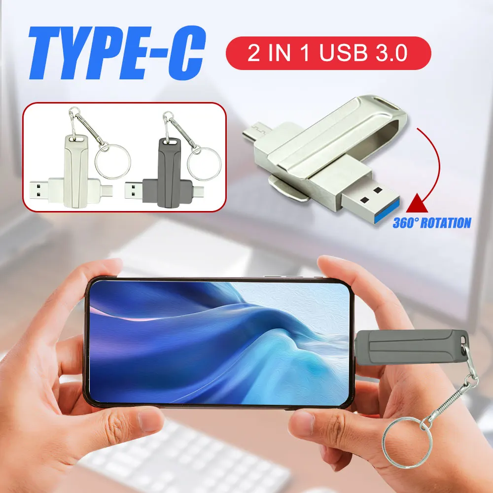 C타입 듀얼 포트 USB 플래시 드라이브, 금속 회전식 USB 3.0 펜 드라이브, 비즈니스 크리에이티브 선물, 플래시 디스크 메모리 스틱, 128GB, 64GB