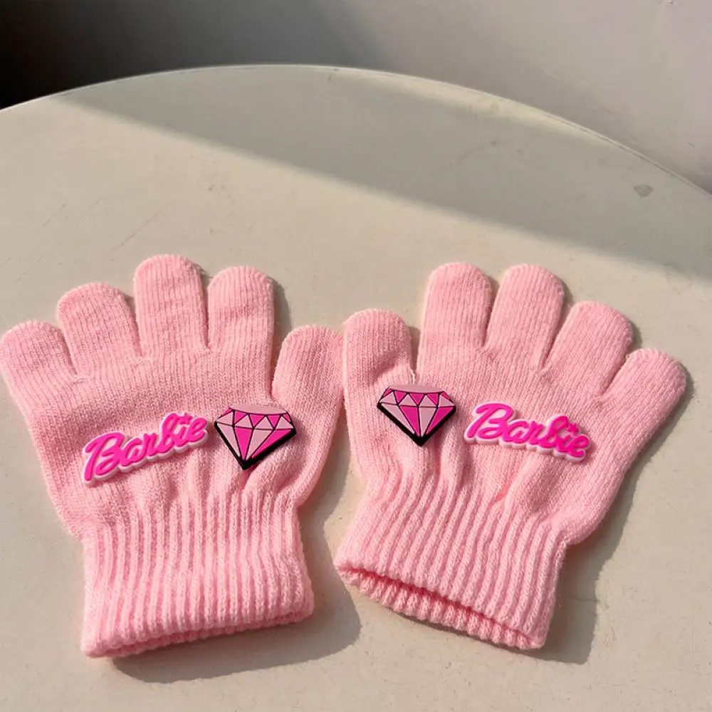 Barbie Winter Children Gloves Cartoon Knitted Plush Five Kids Gloves Fingered Boy Girl Soft Outdoor Windproof Warm Gloves Gifts