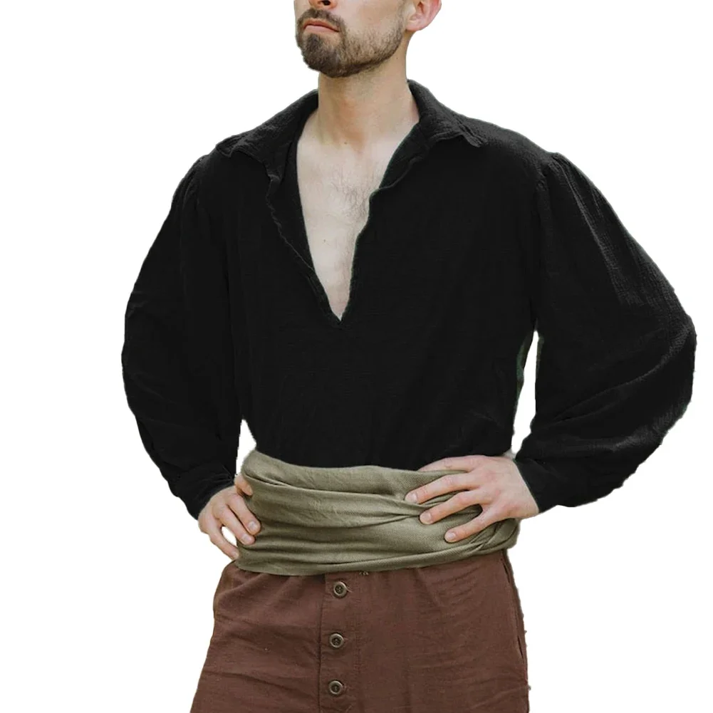 Men's Vintage Pirate Captain Shirt Renaissance Medieval Costume Tops Comfortable Slim Fit Long Sleeve V Neck Shirt