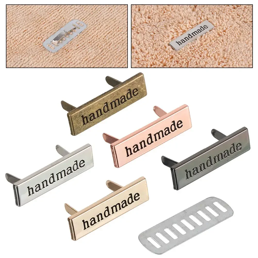 10PCS Handmade Metal Labels Tags For Clothes Jeans Shoes Bags Rectangle Hand Made Printed Tag DIY Letter Sewing Labels Crafts