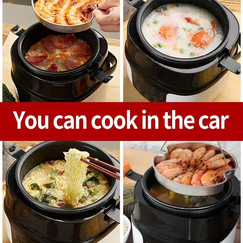 Mini Portable Travel Rice Cooker Electric Wok Stainless Steel 2L Cigarette Lighter Powered 12V/24V Car Camping Off-road
