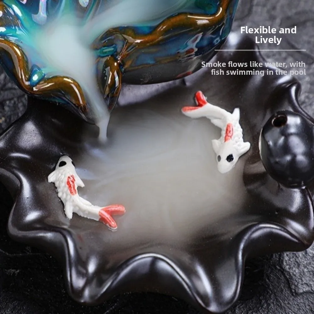 Mini Backflow Stick Incense Burner Lucky Fish Decorative Ceramic Censer Lotus Shape Incense Stick Holder Yoga Space