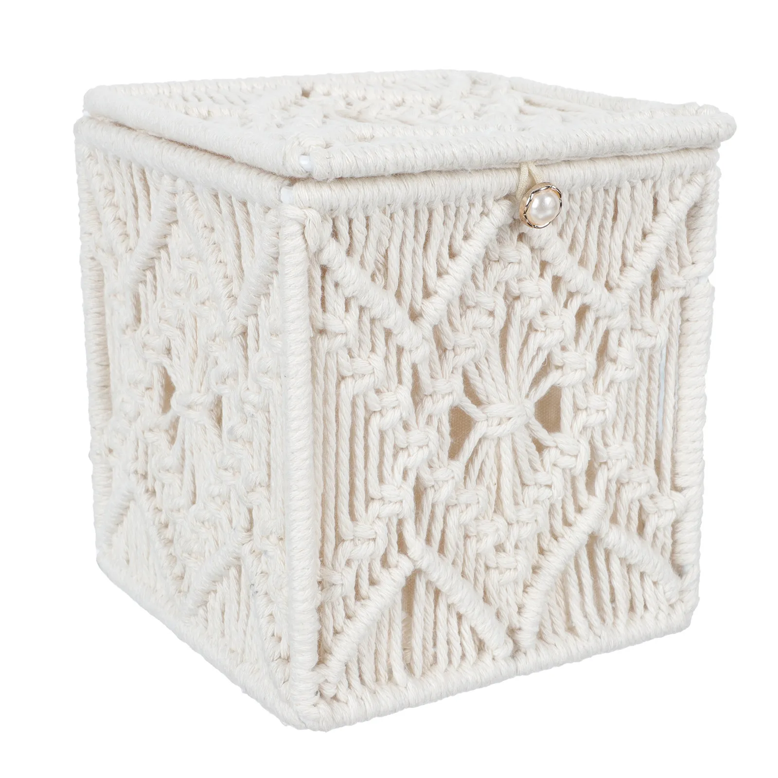 Cotton Rope Tissue Box Cover Woven Paper Towel Holder Beige Desktop Storage for Living Room Kitchen Decor