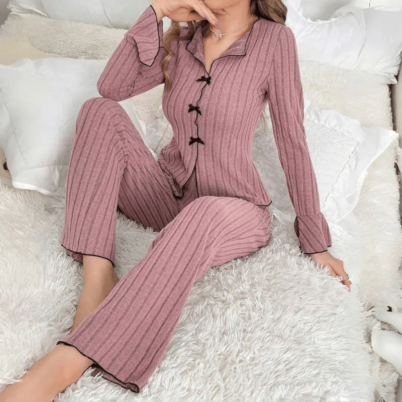 

Women Lounge Solid Pajama Sets Bow Button Turn Down Collar Top Two Pieces Slim Fit Straight Long Pants Casual Nightwear