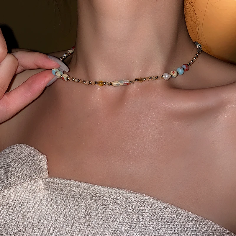 Bohemian Irregular Natural Stones Choker Necklace Imitation Pearls Shell Beaded Necklace For Women Men Vintage Jewelry Gifts K-