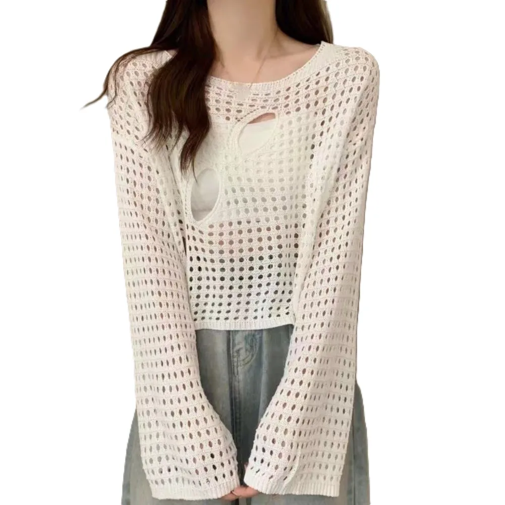 Women's Solid Color Loose Short Cut Perforated Long Sleeved Top Ripped Hollow-out Design T-shirt 1PCS